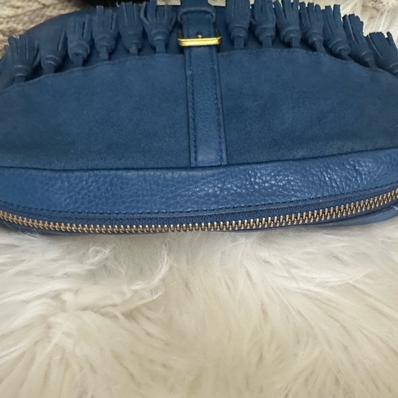 Fossil Kendall Blue Leather Tasseled Crossbody Boho Handbag - Picture 6 of 12